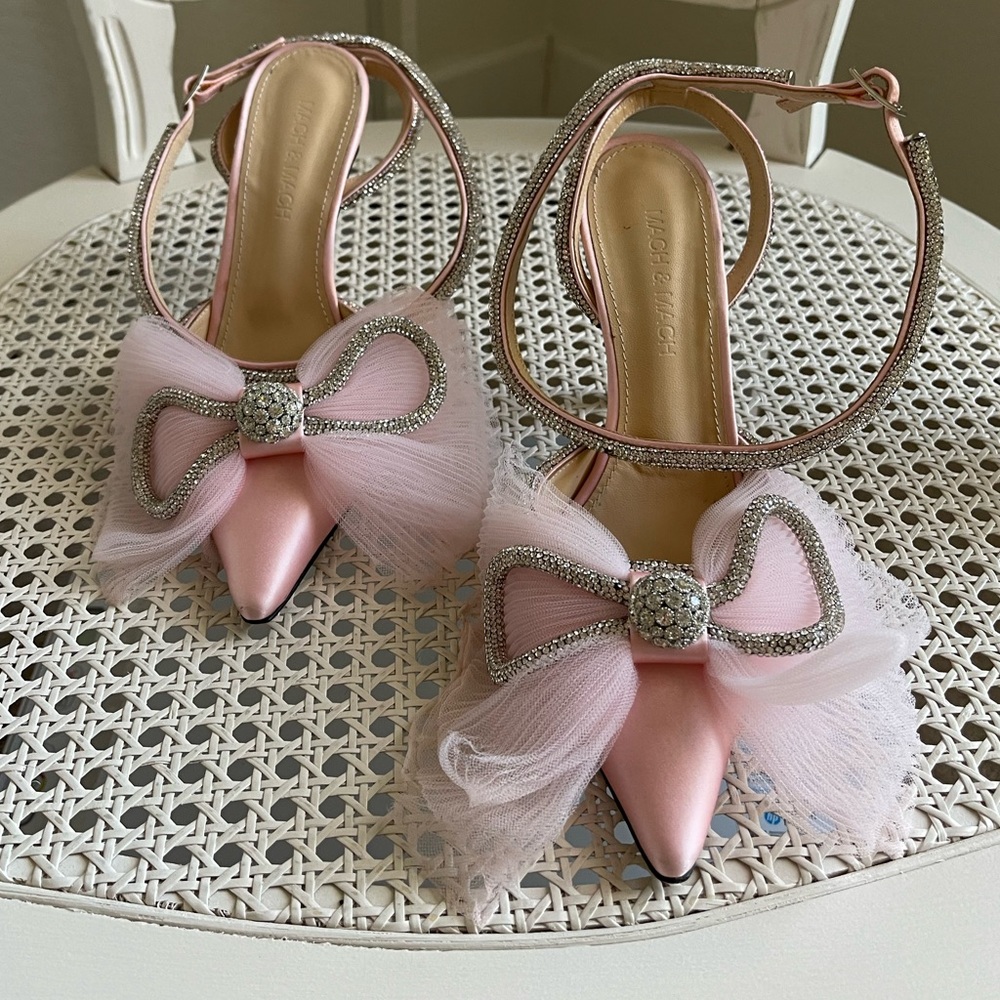 Mach & Mach Pink Satin Double Crystal Tulle Bow Ankle Strap Pumps